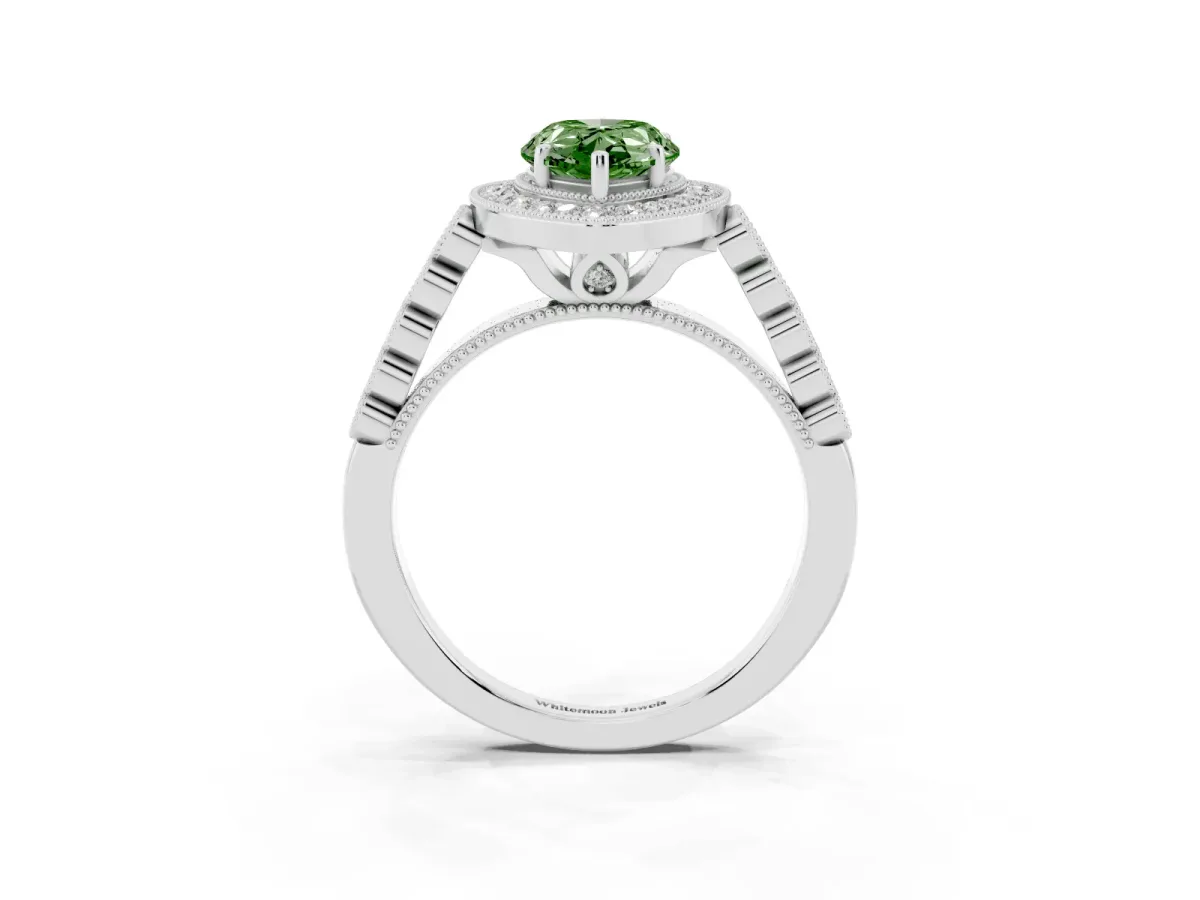 Fancy Green Pear Cut Halo Milgrain Solitaire with Bezel Set Side Stones and Pave Band Silver