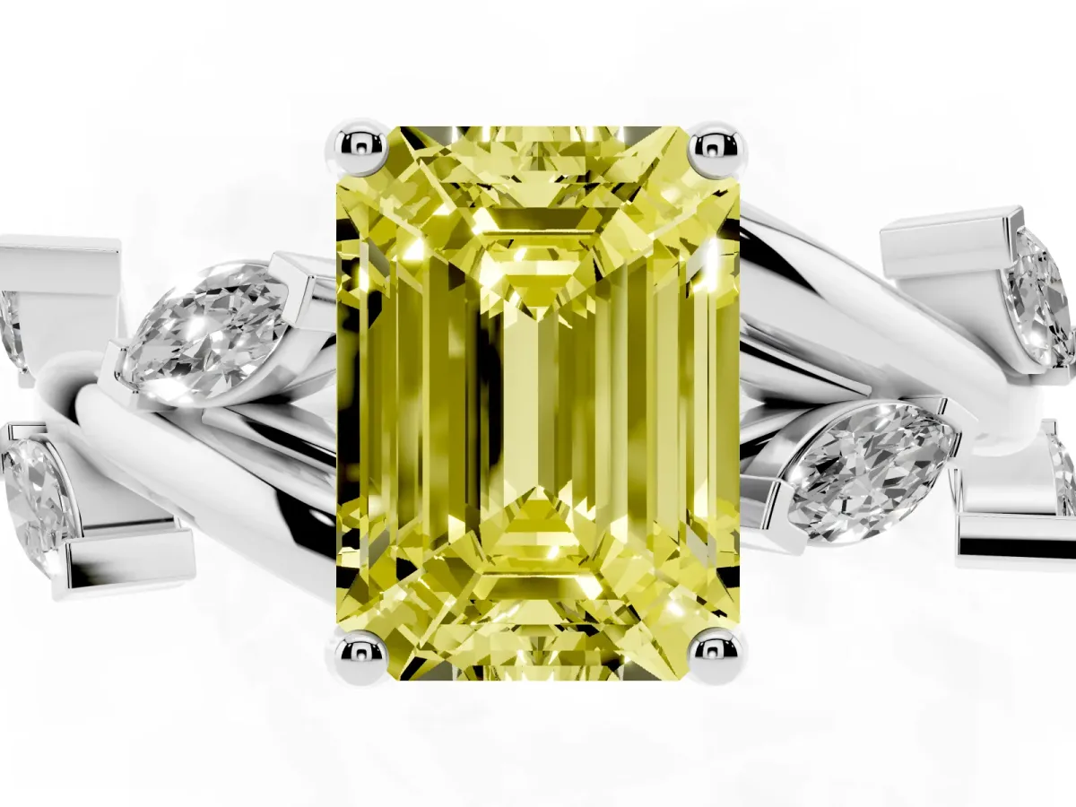 Fancy Yellow Emerald Cut Solitaire Twisted Band Marquise Accent Prong Setting Ring White gold
