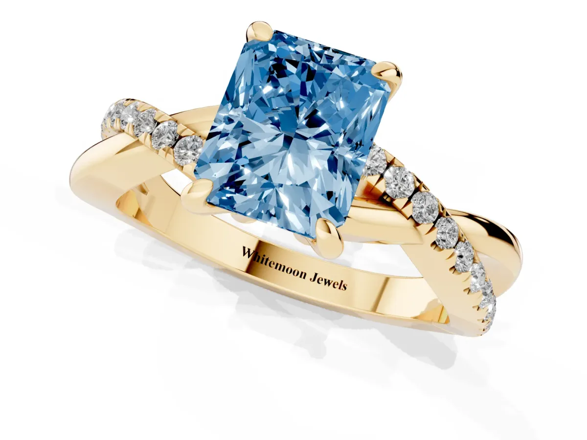 Fancy Blue Radiant Cut Cut Diamond Twist Band Solitaire with Prong Setting Yellow gold