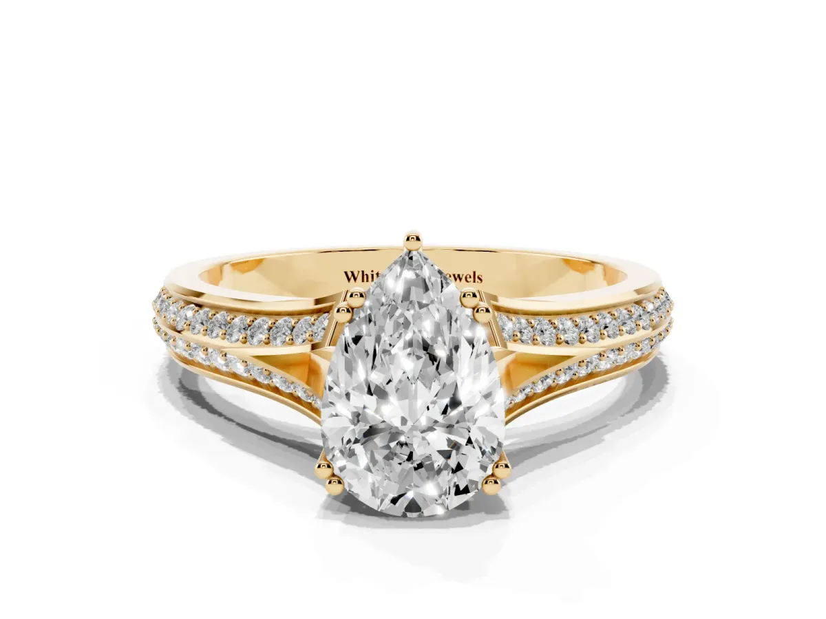 Pear Cut Diamond Split Shank Engagement Ring with Pavé Band Yellow gold