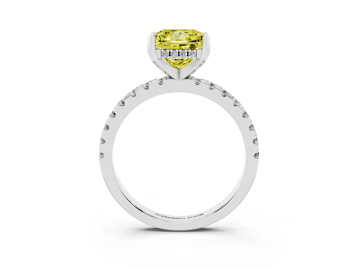 Fancy Yellow Princess Cut Diamond Solitaire Ring with Round Pavé Band and Four-Prong Setting Silver
