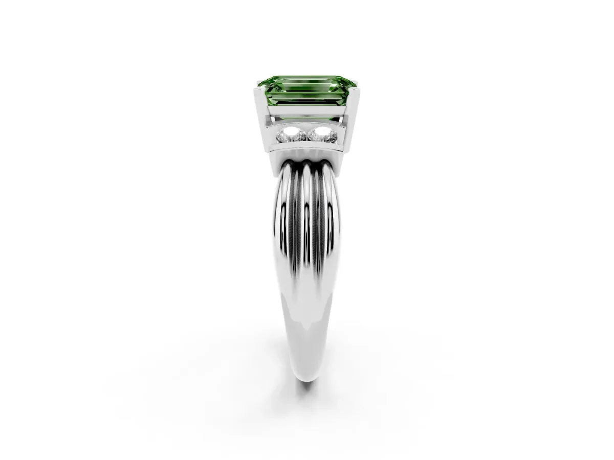 Fancy Green Emerald Cut Cut Three-Stone Channel Set Ring with Bar Prongs Silver