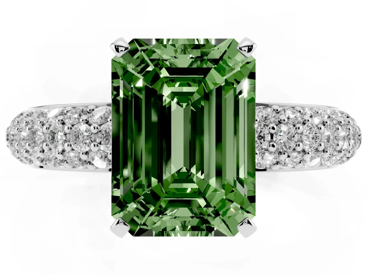 Fancy Green Emerald Cut Diamond Solitaire Ring with Prong Setting and Pavé Band Silver