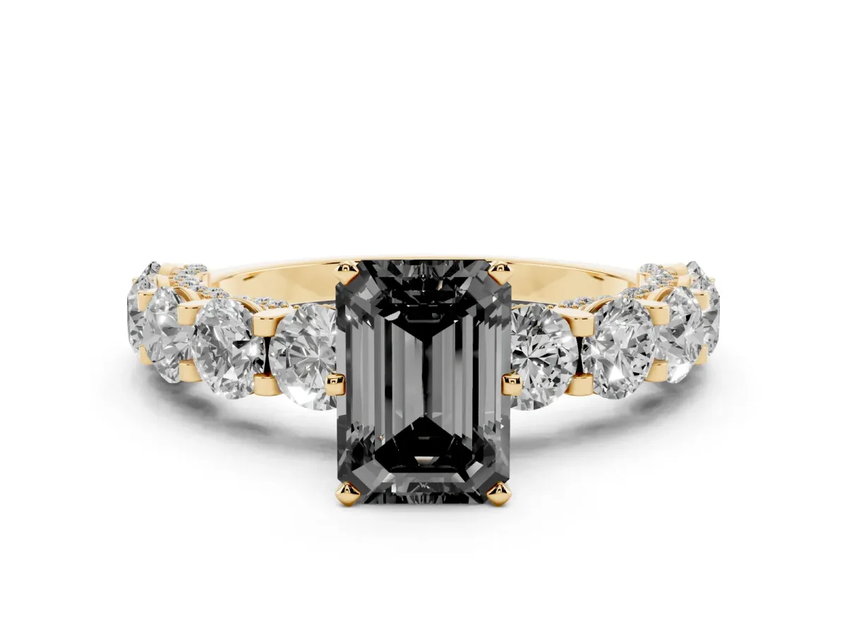 Fancy Black Emerald Cut Diamond Side Stone Engagement Ring with Four-Prong Setting Yellow gold