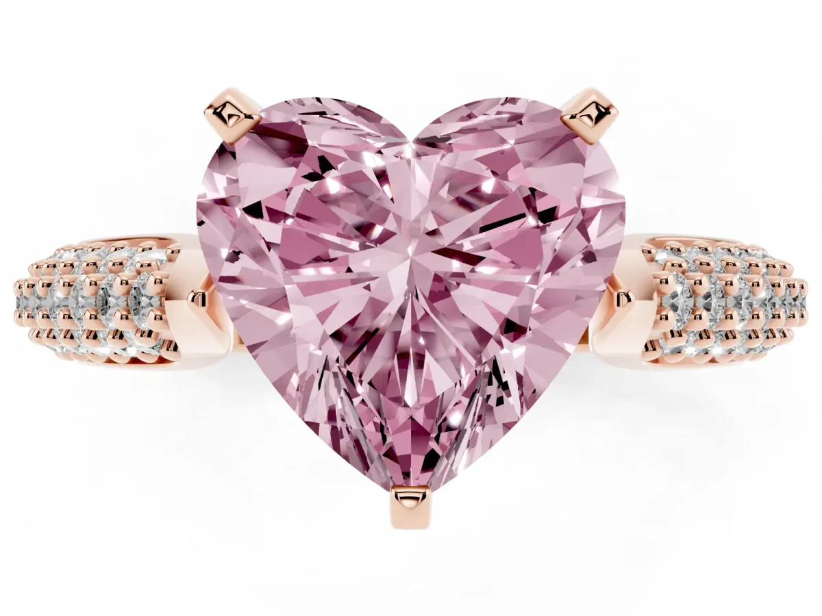 Fancy Pink Heart Cut Diamond Solitaire Engagement Ring with Multi-Row Round Pavé Band and Prong Setting Rose gold
