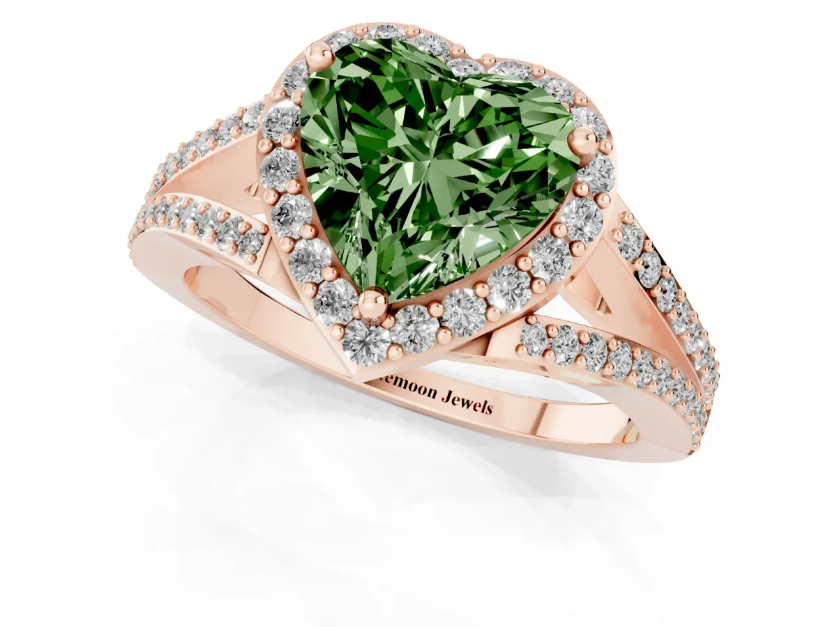 Fancy Green Heart Cut Halo Split Shank Pave Diamond Ring with Four-Prong Setting Rose gold