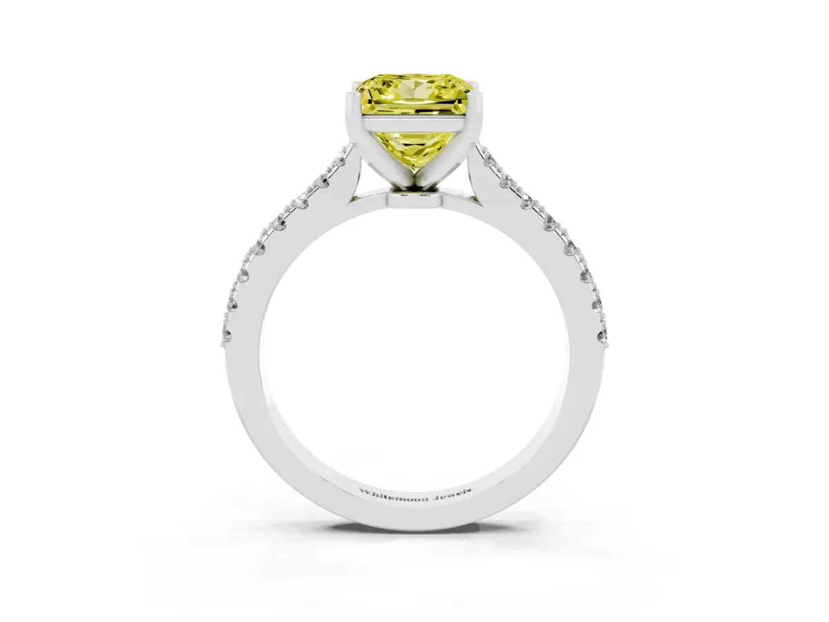 Fancy Yellow Princess Cut Cut Solitaire Diamond Engagement Ring with Pave Band and Four-Prong Setting Silver
