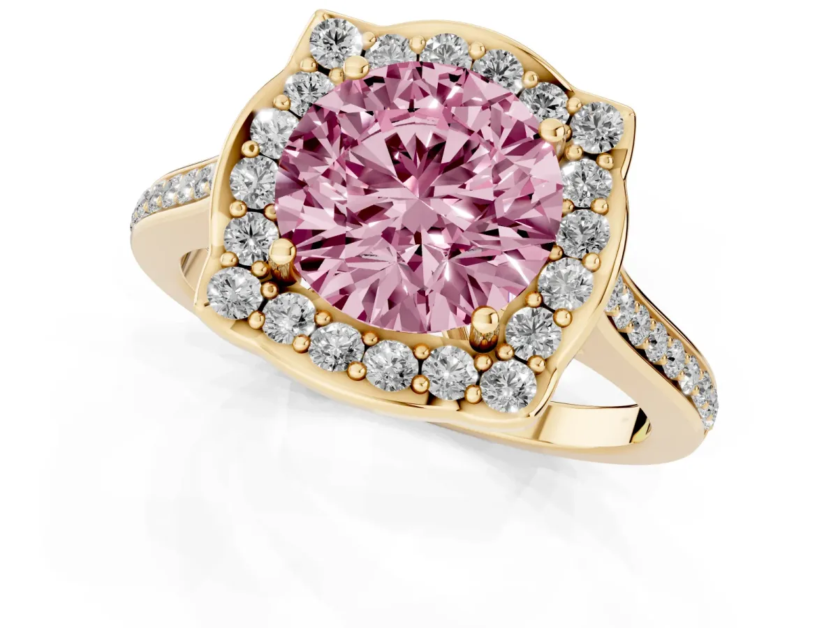 Fancy Pink Round Cut Halo Round Diamond Pave Band with Four-Prong Setting Yellow gold