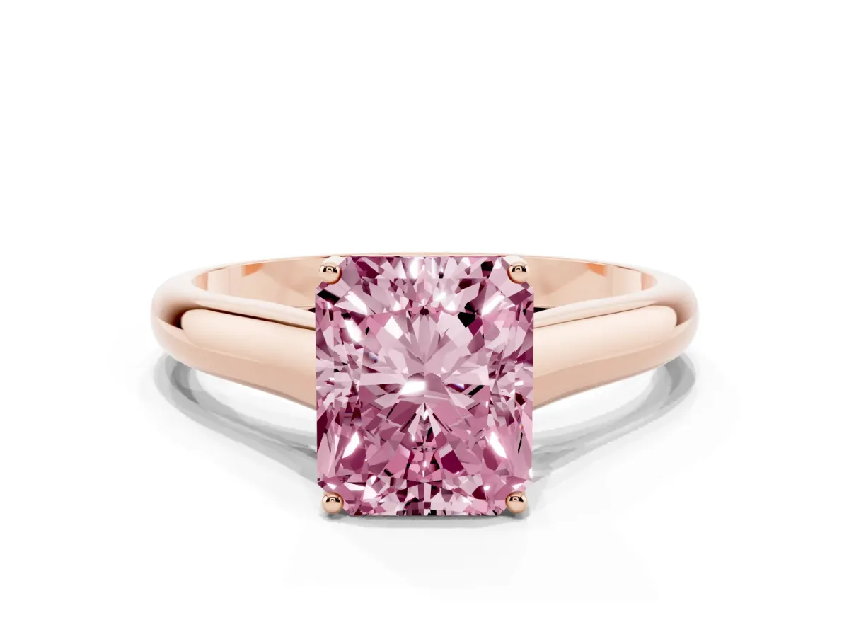 Fancy Pink Radiant Cut Solitaire Engagement Ring with Tapered Band and Four-Prong Setting Rose gold