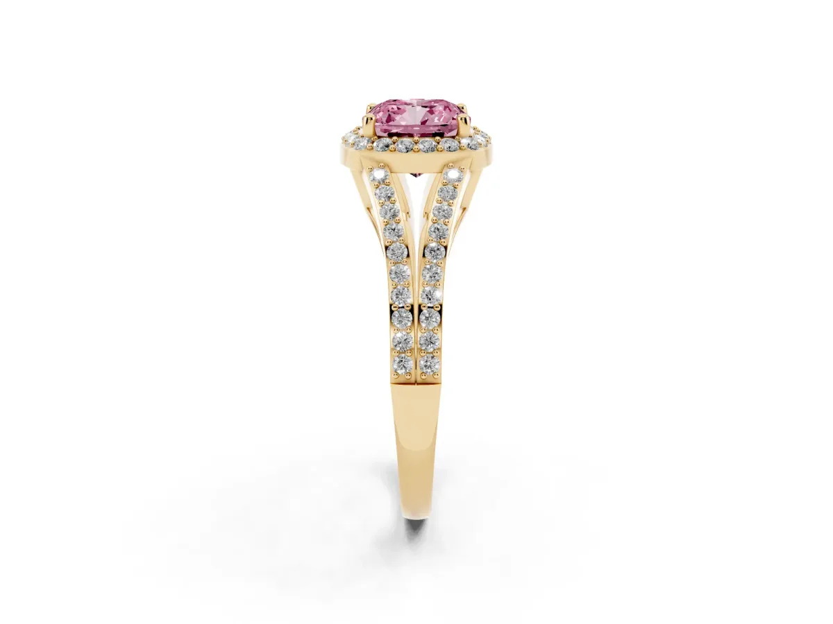 Fancy Pink Cushion Cut Halo Split Shank Pave Diamond Ring with Four-Prong Setting Yellow gold
