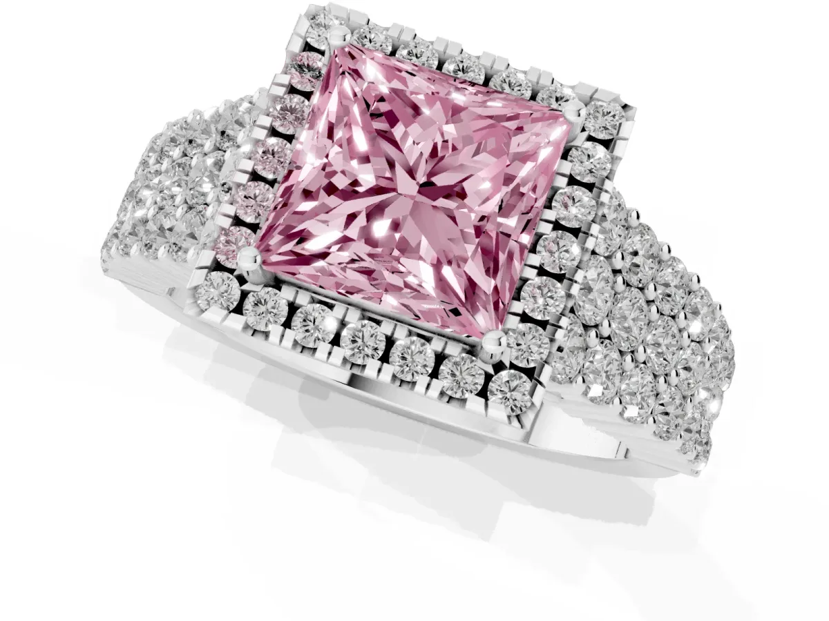 Fancy Pink Princess Cut Diamond Halo Engagement Ring with Triple Row Round Pavé Band and Prong Setting Silver