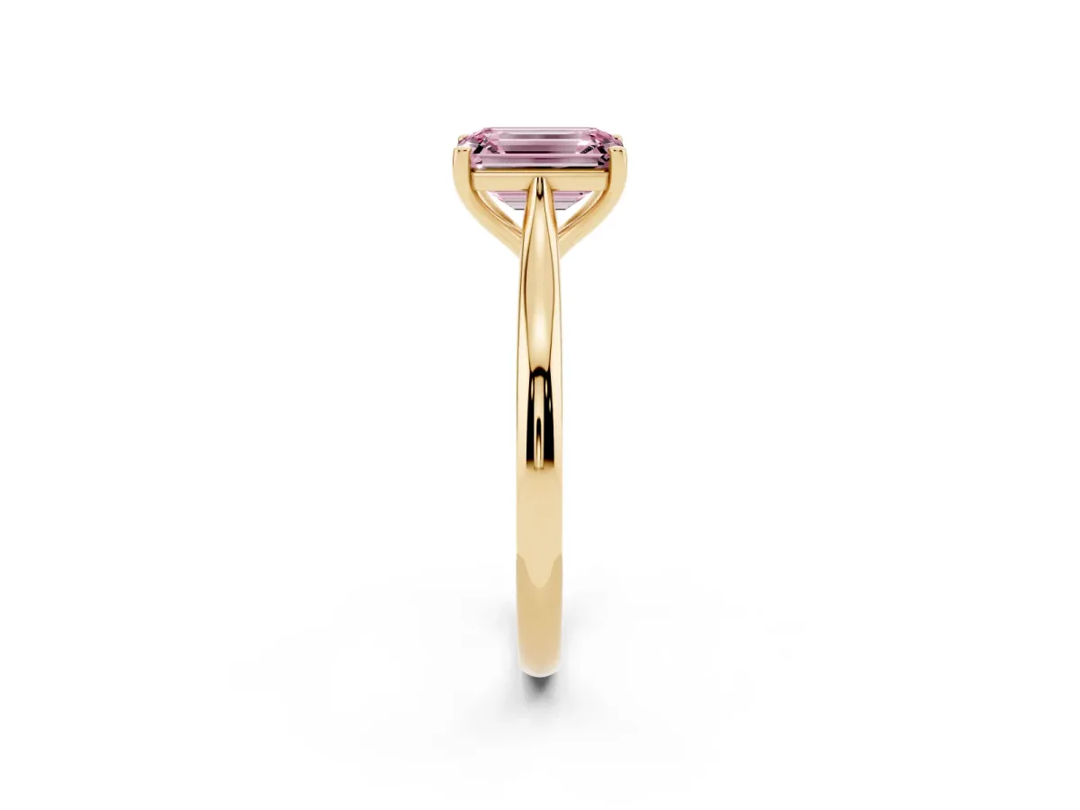 Fancy Pink Emerald Cut Cut Solitaire Ring with Cathedral Band and Four-Prong Setting Yellow gold