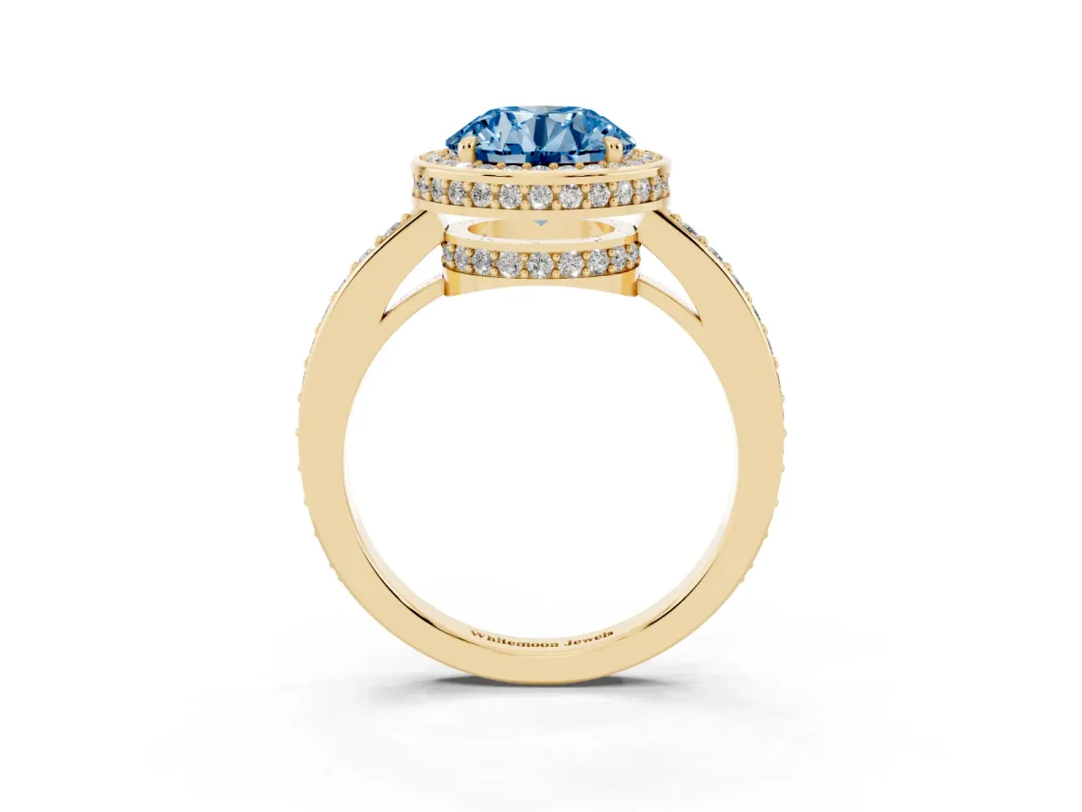 Fancy Blue Round Cut Halo Pave Band Solitaire Ring with Prong Setting Yellow gold