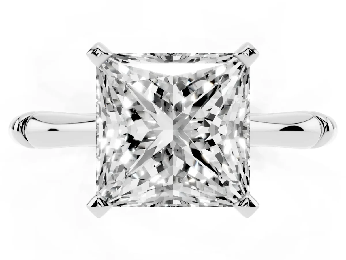 Princess Cut Solitaire Diamond Ring with Bamboo Band and Four-Prong Setting Silver