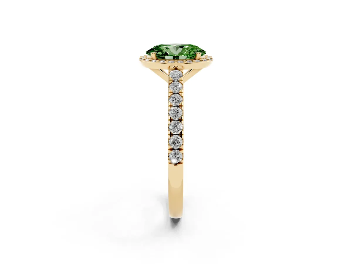 Fancy Green Oval Cut Cut Halo Diamond Engagement Ring with Pave Band and Four-Prong Setting Yellow gold