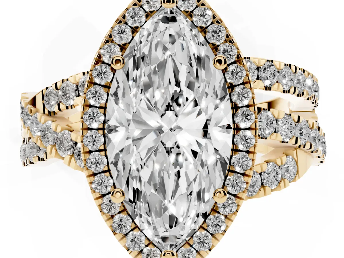 Marquise Cut Diamond Halo Ring with Round Split Shank and Prong Setting Yellow gold
