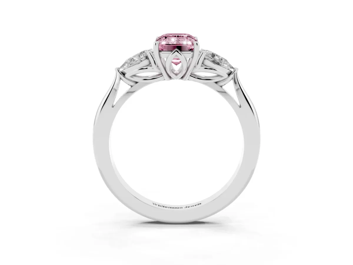 Fancy Pink Emerald Cut Diamond Three-Stone Ring with Pear Side Stones and Prong Setting Silver
