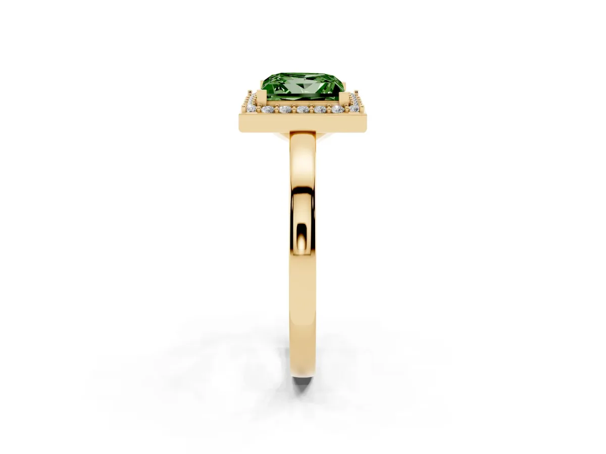 Fancy Green Princess Cut Halo Diamond Ring with Solitaire Band and Prong Setting Yellow gold