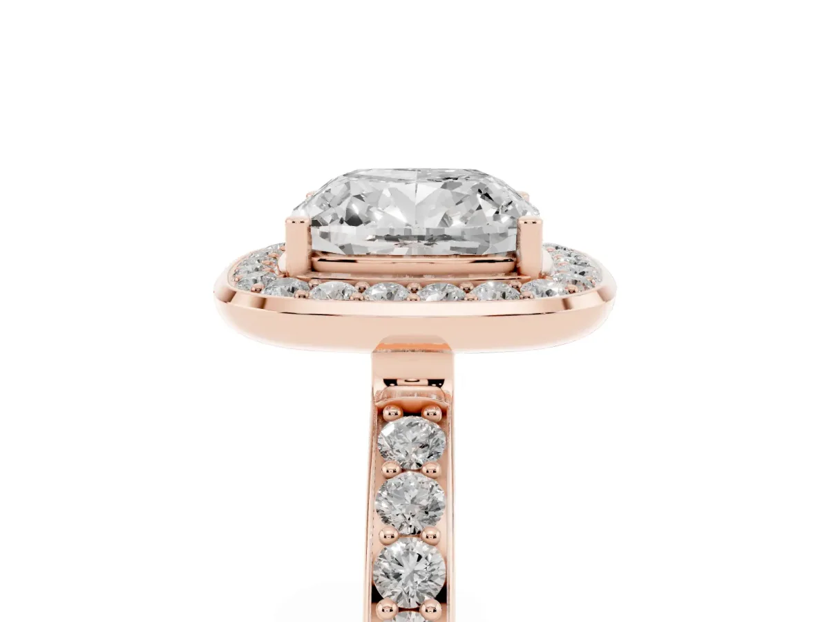 Cushion Cut Diamond Halo Ring with Bezel Frame and Pavé Band Rose gold