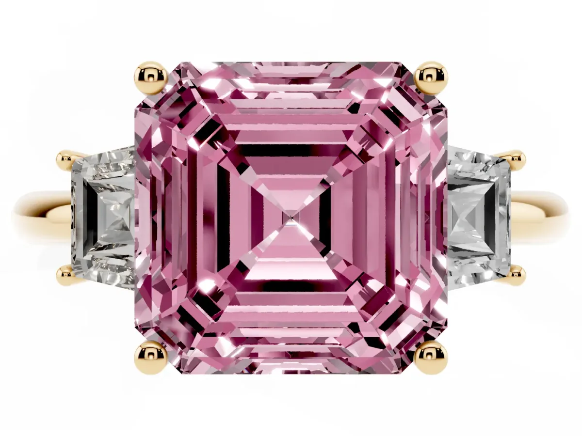 Fancy Pink Asscher Cut Diamond Three-Stone Ring with Trapezoid Side Stones and Prong Setting Yellow gold