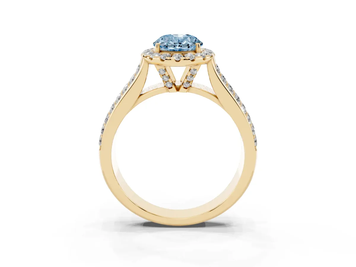 Fancy Blue Oval Cut Halo Round Diamond Pave Band with Prong Setting Yellow gold