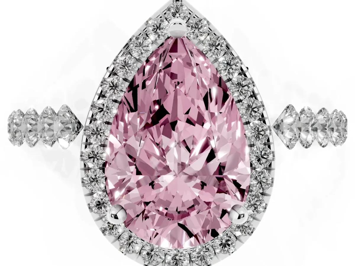 Fancy Pink Pear Cut Halo Pavé Diamond Engagement Ring with Four-Prong Setting Platinum