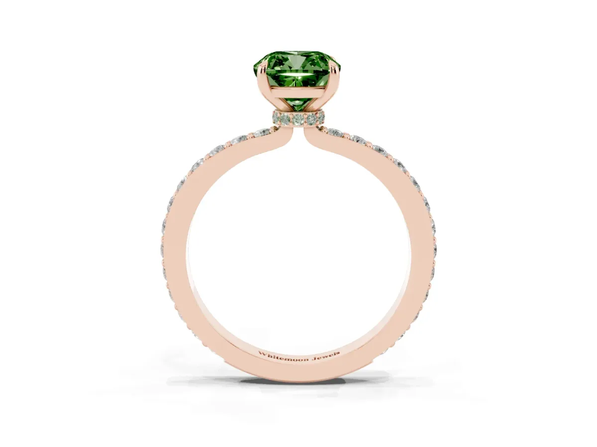 Fancy Green Cushion Cut Diamond Pavé Engagement Ring with Round Accents and Prong Setting Rose gold
