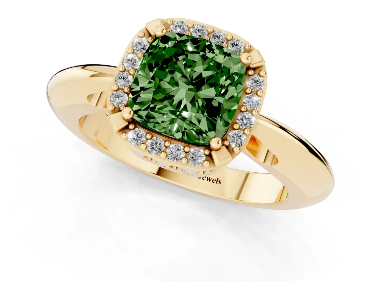 Fancy Green Cushion Cut Cut Diamond Halo Engagement Ring with Split Shank and Four-Prong Setting Yellow gold