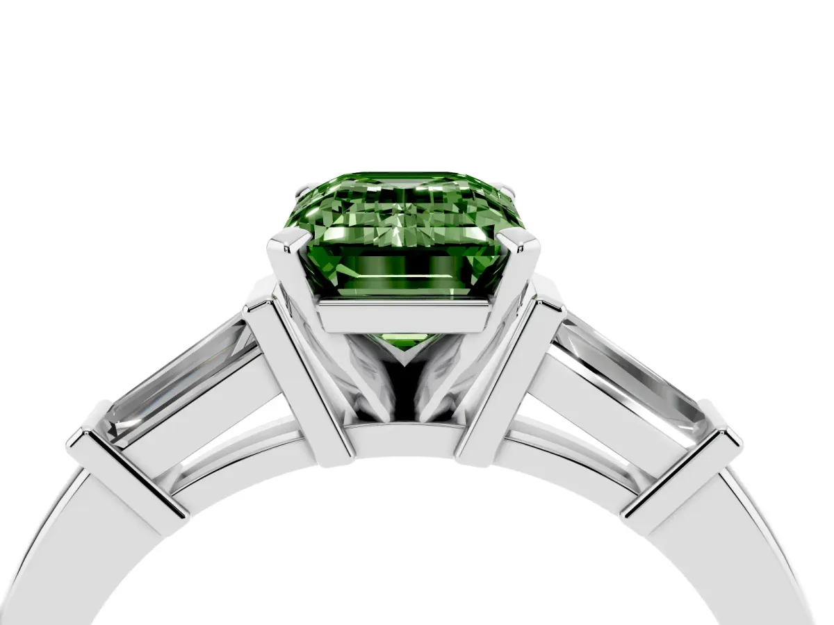 Fancy Green Emerald Cut Cut Diamond Solitaire Ring with Tapered Baguette Accents and Four-Prong Setting Silver