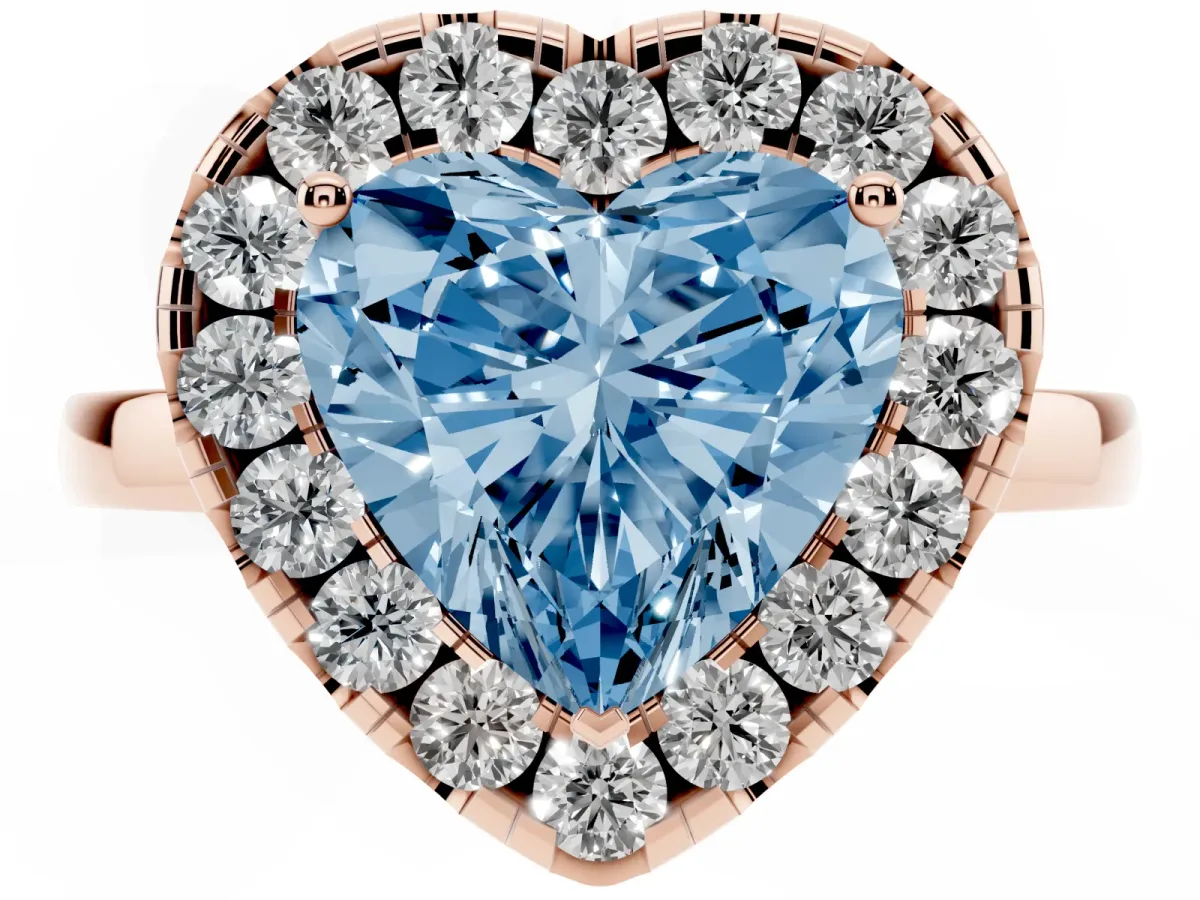 Fancy Blue Heart Cut Halo Diamond Solitaire with Pavé Band and Four-Prong Setting Rose gold