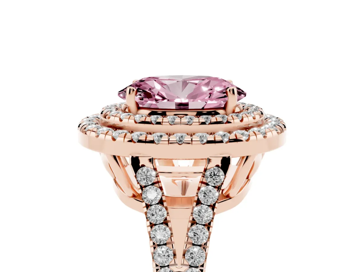 Fancy Pink Oval Cut Diamond Double Halo Ring with Pavé Band and Prong Setting Rose gold