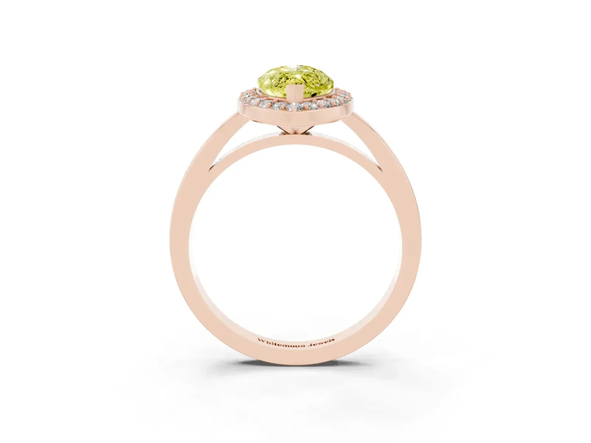 Fancy Yellow Marquise Cut Halo Diamond Ring with Solitaire Band and Prong Setting Rose gold