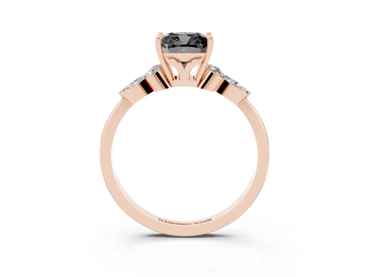 Fancy Black Cushion Cut Brilliant Diamond Solitaire Ring with Pear Side Stones and Four-Prong Setting Rose gold