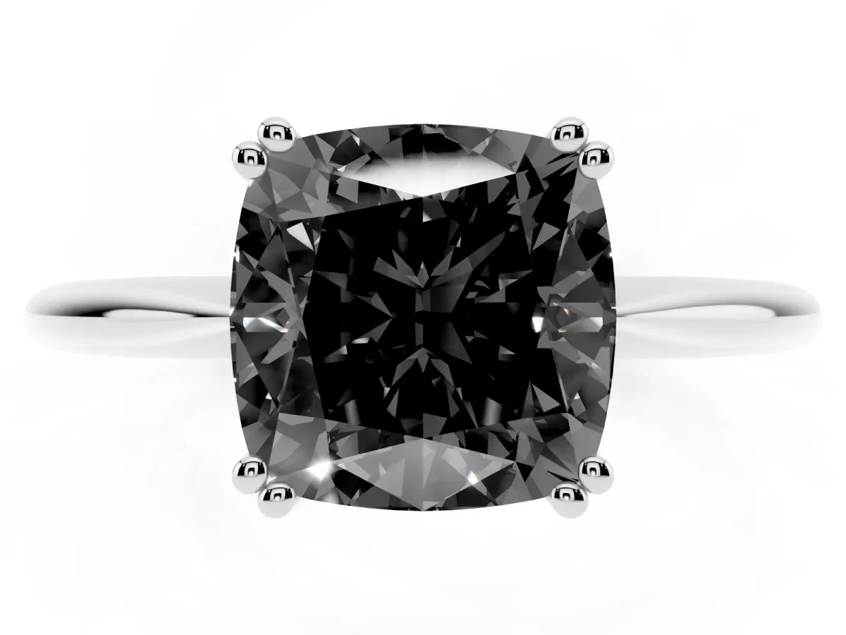 Fancy Black Cushion Cut Solitaire Diamond Ring with Six-Prong Setting and Classic Band Silver