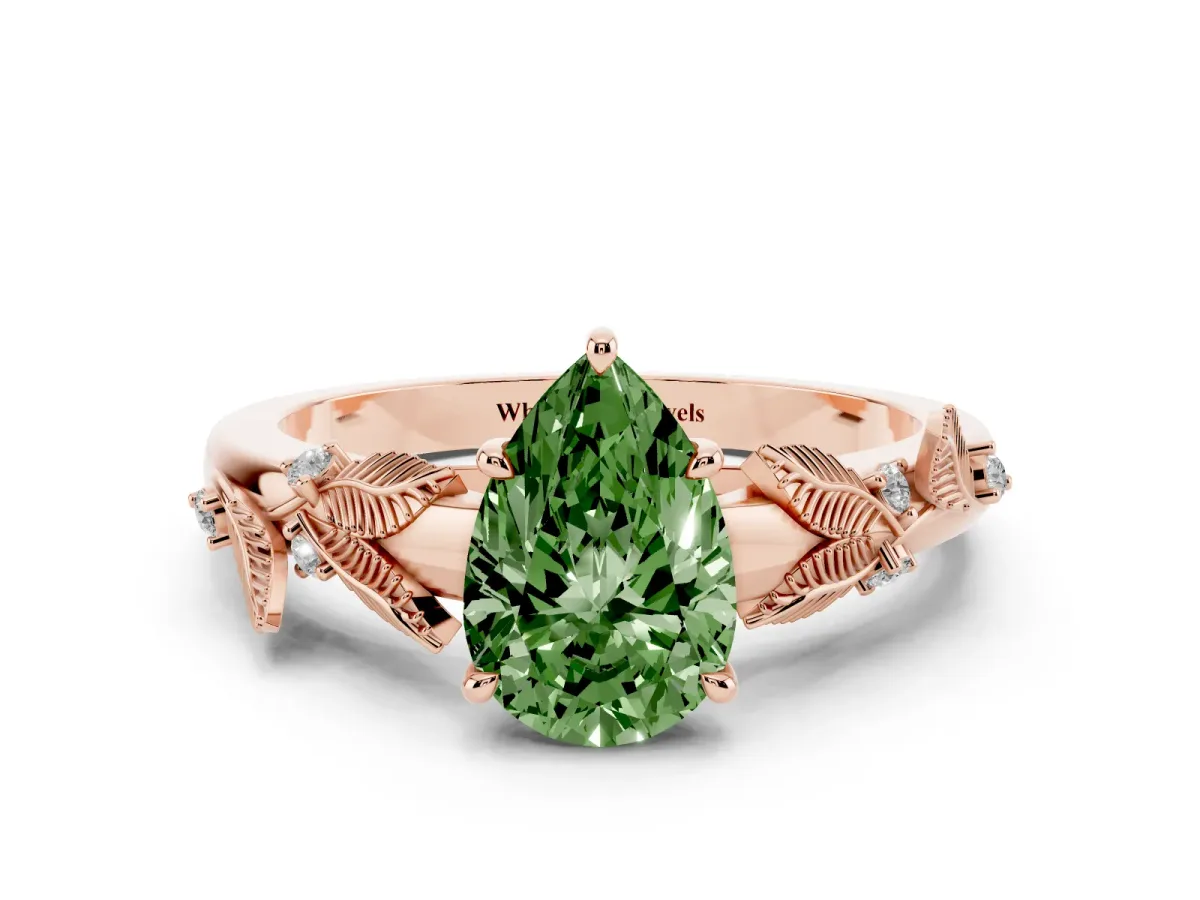 Fancy Green Pear Cut Diamond Solitaire Ring with Leaf Motif Band and Four-Prong Setting Rose gold
