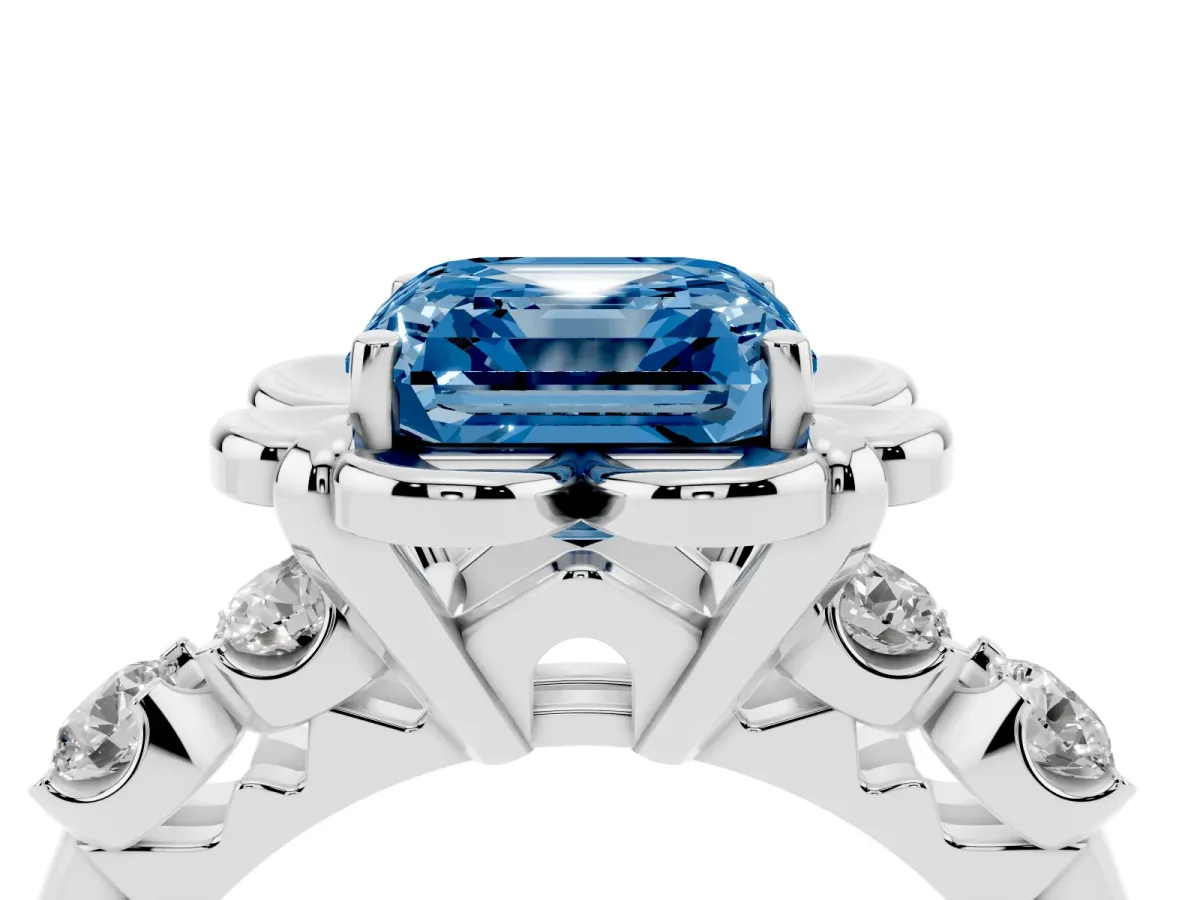 Fancy Blue Asscher Cut Cut Diamond Floral Halo Engagement Ring with Shared Prong Setting Silver