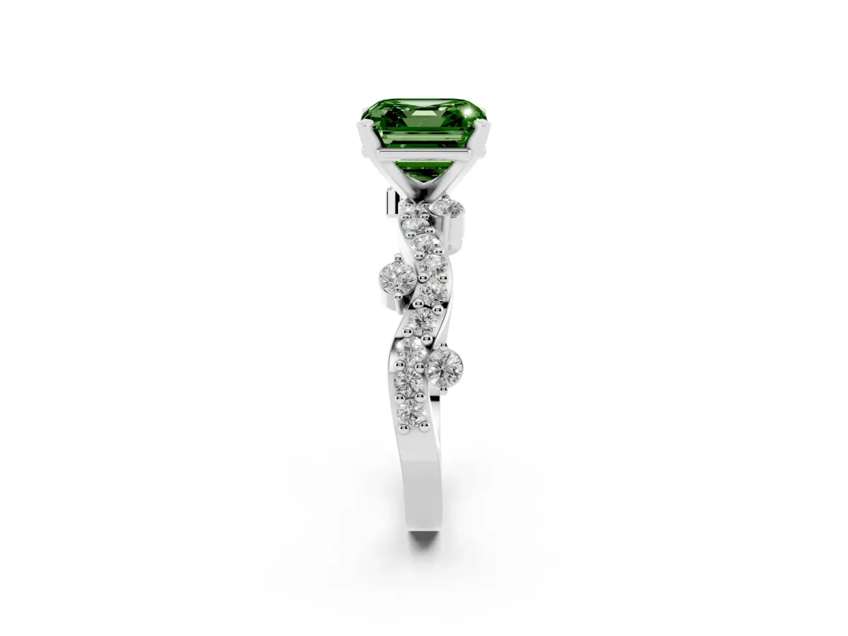 Fancy Green Asscher Cut Cut Solitaire Diamond Twisted Band with Pave Setting Silver