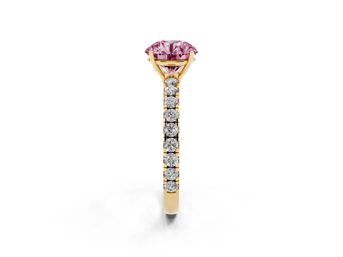Fancy Pink Round Cut Diamond Pavé Solitaire Engagement Ring with Four-Prong Setting Yellow gold