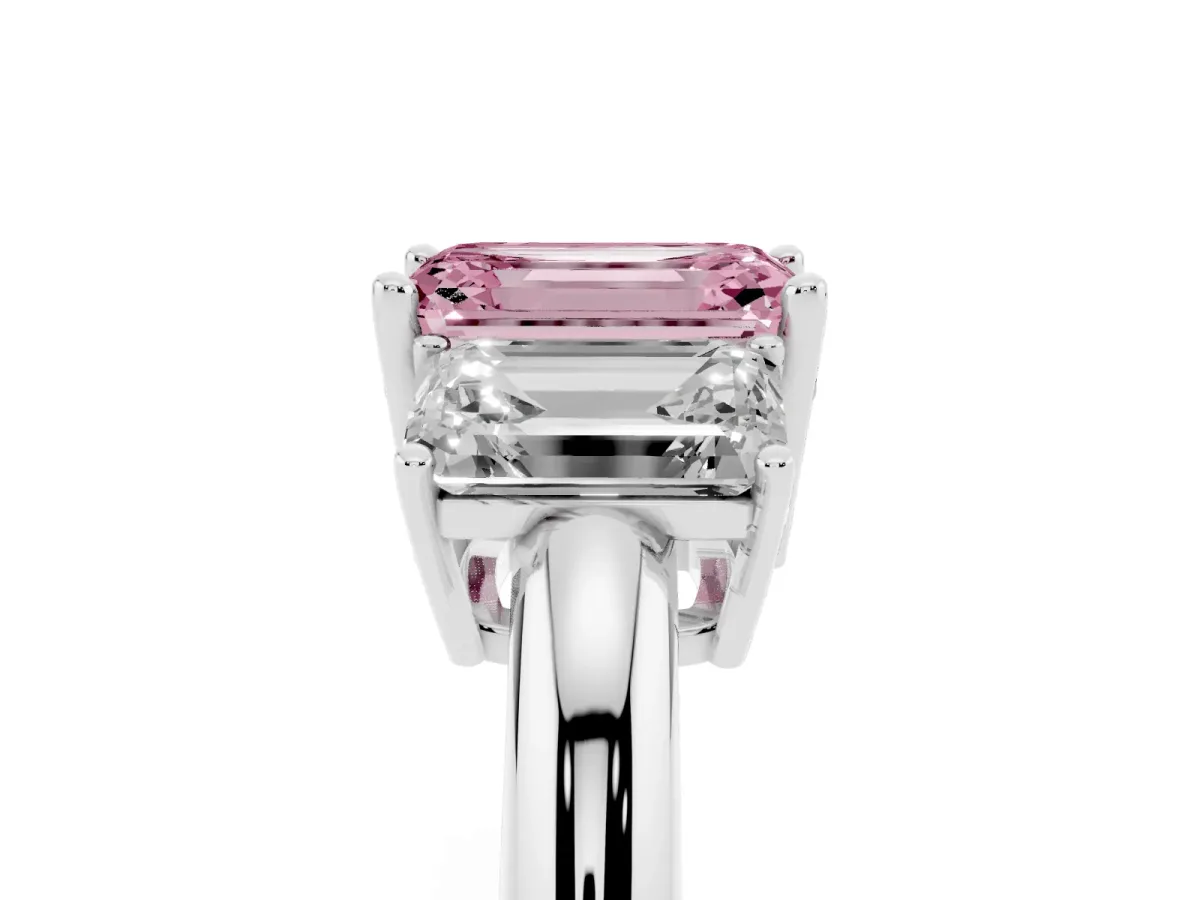 Fancy Pink Three-Stone Emerald Cut Cut Diamond Engagement Ring with Prong Setting on a White Gold Band White gold