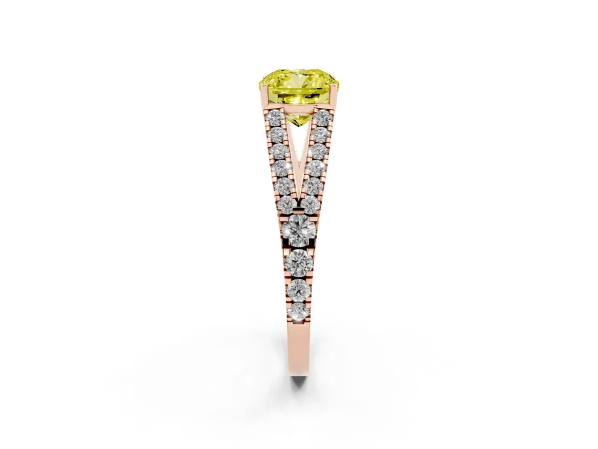 Fancy Yellow Cushion Cut Diamond Split Shank Pavé Engagement Ring with Four-Prong Setting Rose gold