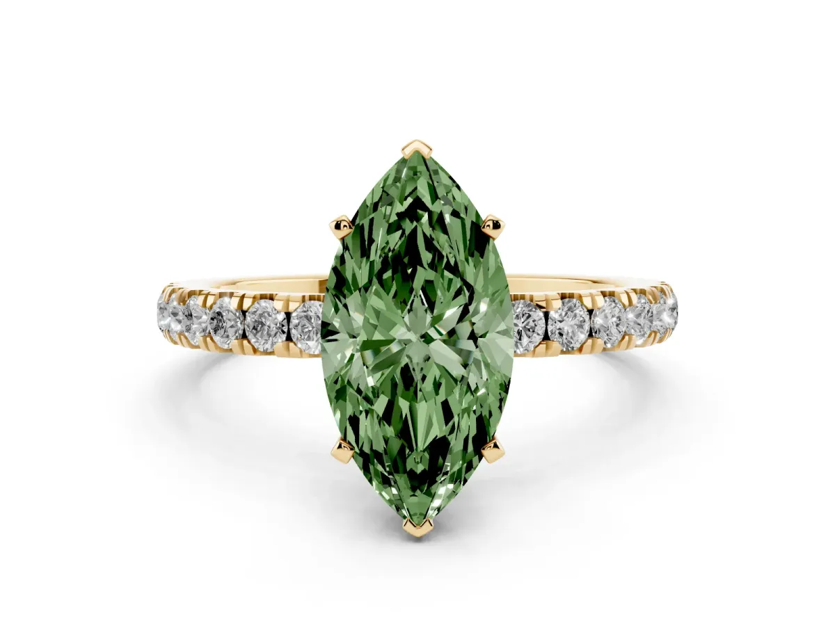 Fancy Green Marquise Cut Diamond Solitaire Ring with Pavé Accents and Four-Prong Setting Yellow gold