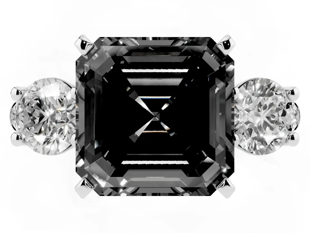 Fancy Black Three-Stone Asscher Cut Diamond Pavé Band with Four-Prong Setting Platinum