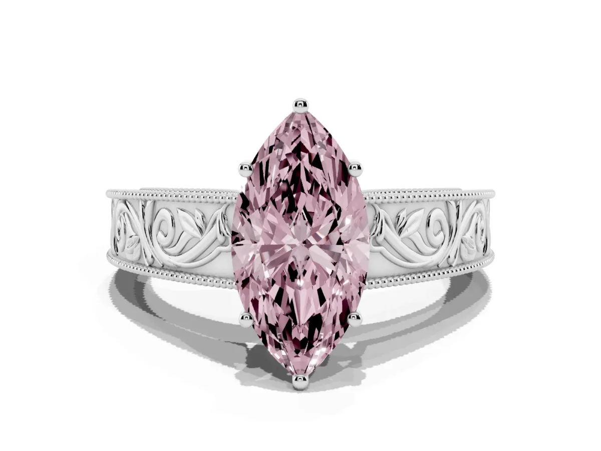 Fancy Pink Marquise Cut Diamond Solitaire Ring with Engraved Band and Four-Prong Setting White gold