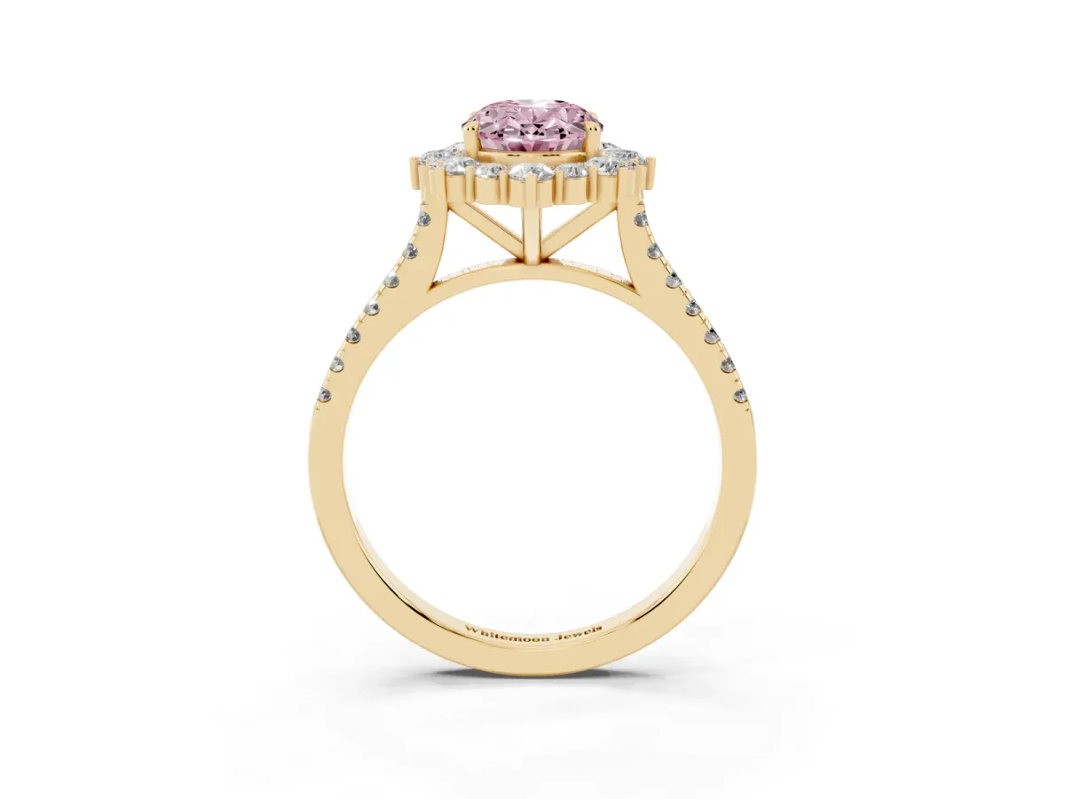 Fancy Pink Oval Cut Halo Diamond Ring with Pavé Band and Prong Setting Yellow gold