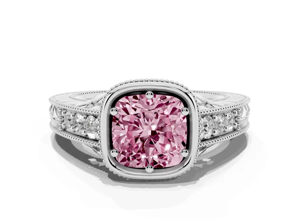 Fancy Pink Bezel Set Cushion Cut Diamond Milgrain Pave Engagement Ring Silver