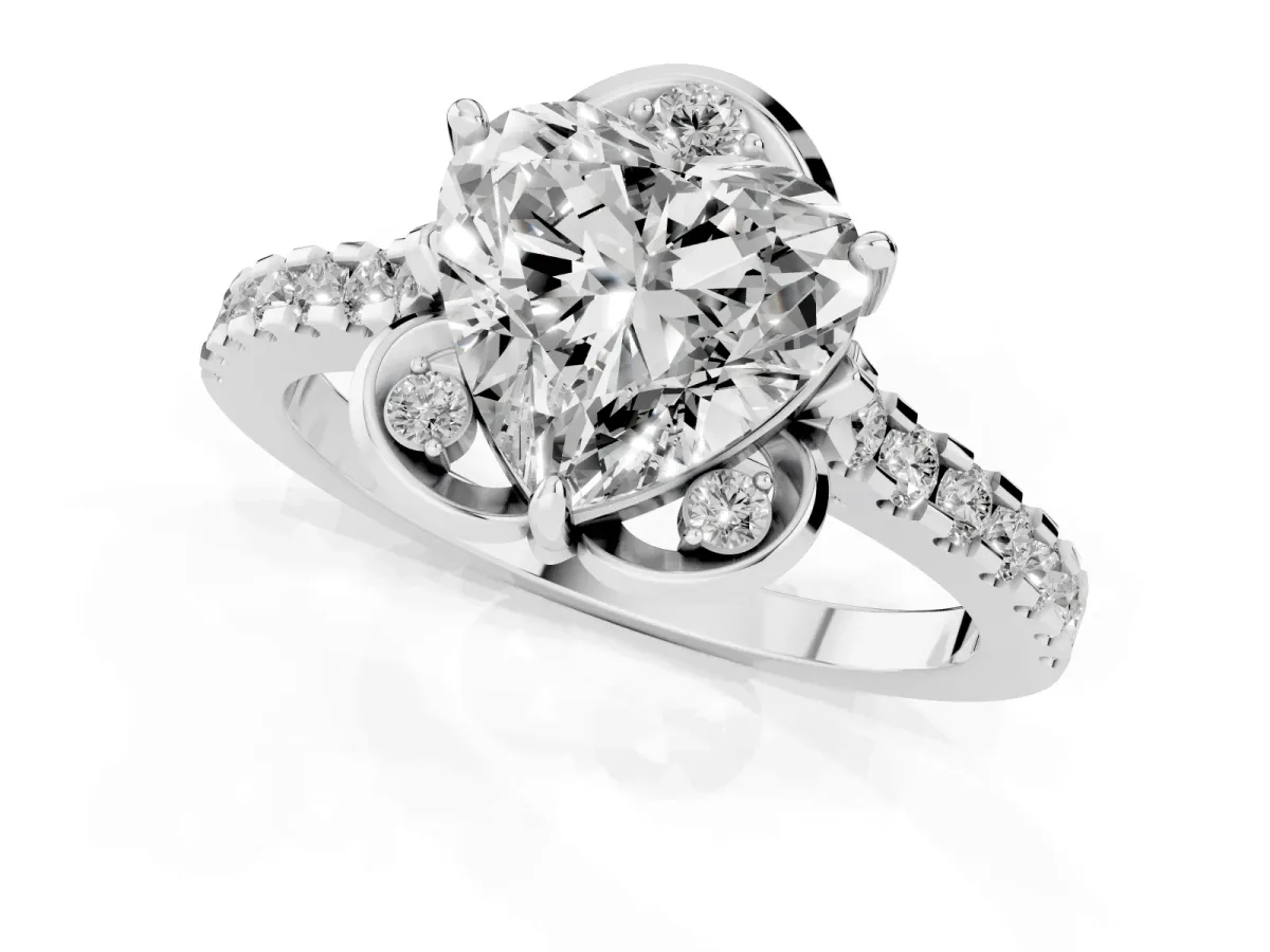 Heart Cut Diamond Ring with Pavé Band and Floral Prong Setting White gold