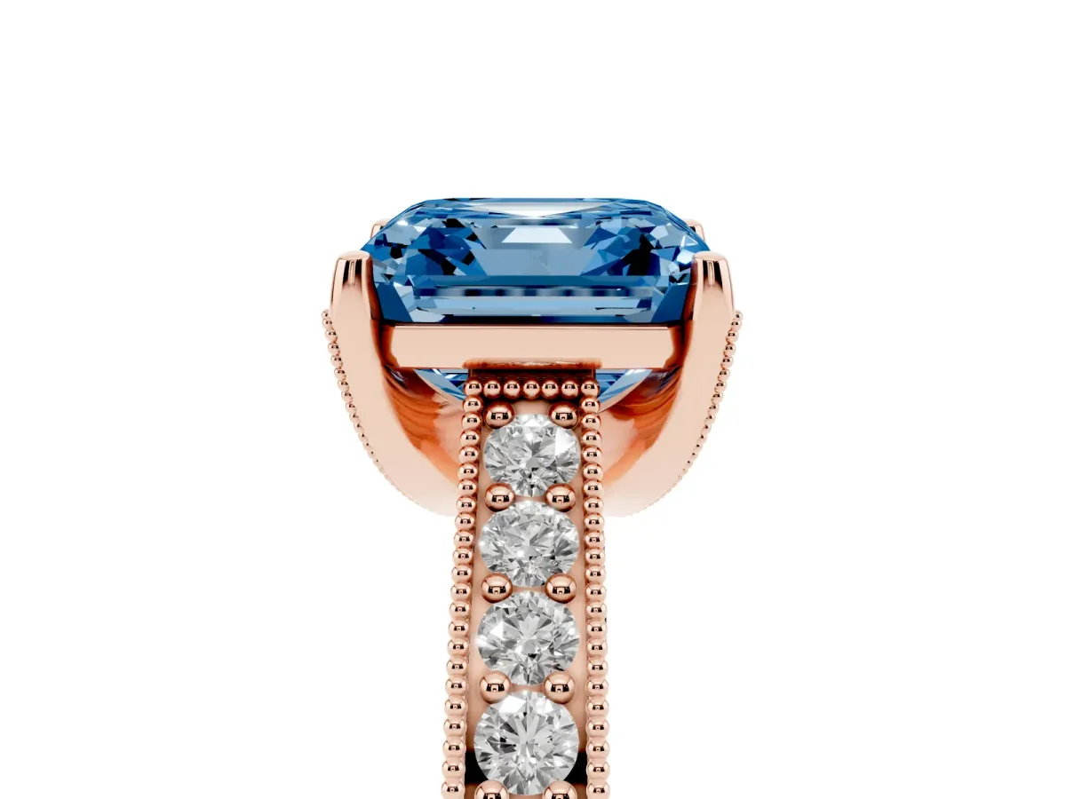 Fancy Blue Asscher Cut Cut Diamond Solitaire Ring with Milgrain Pave Band and Four Prong Setting Rose gold