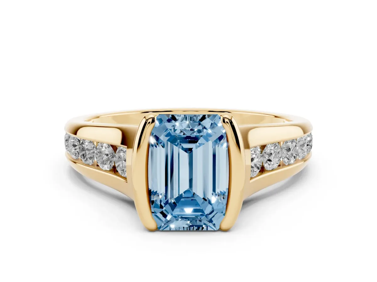 Fancy Blue Emerald Cut Solitaire Bezel-Set Diamond Ring with Channel-Set Band Yellow gold