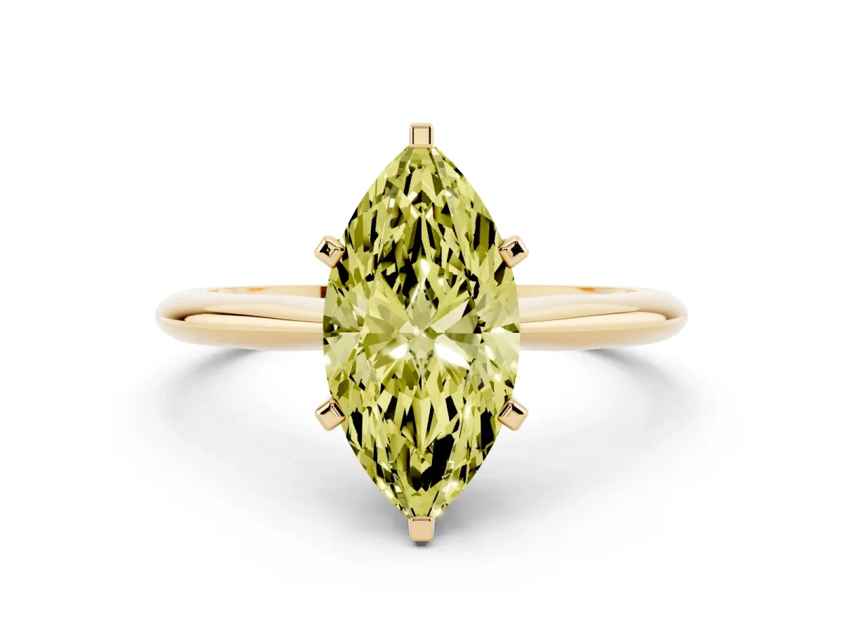 Fancy Yellow Marquise Cut Cut Solitaire Ring with Four-Prong Setting on a Classic Band Yellow gold