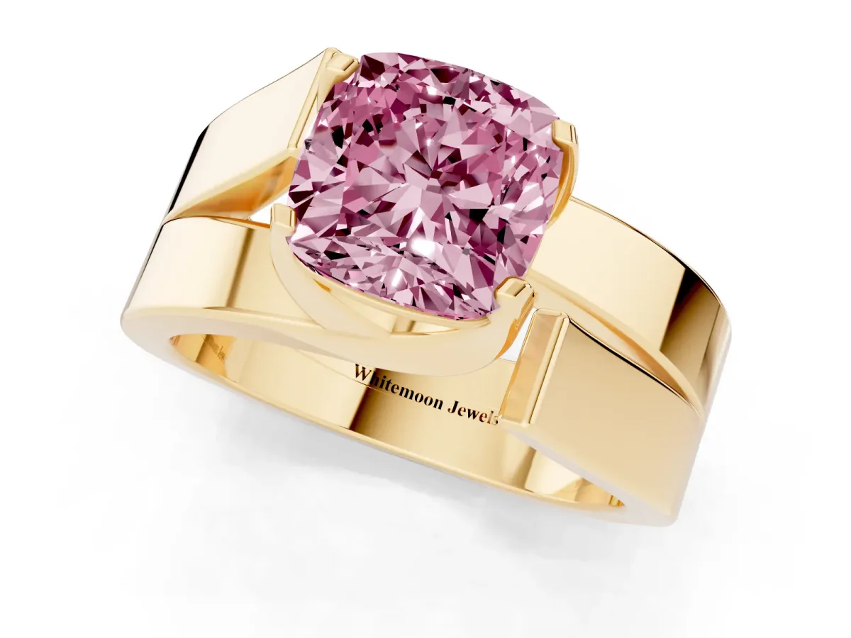 Fancy Pink Modern Tension Set Cushion Cut Diamond Solitaire Wide Band Ring Yellow gold